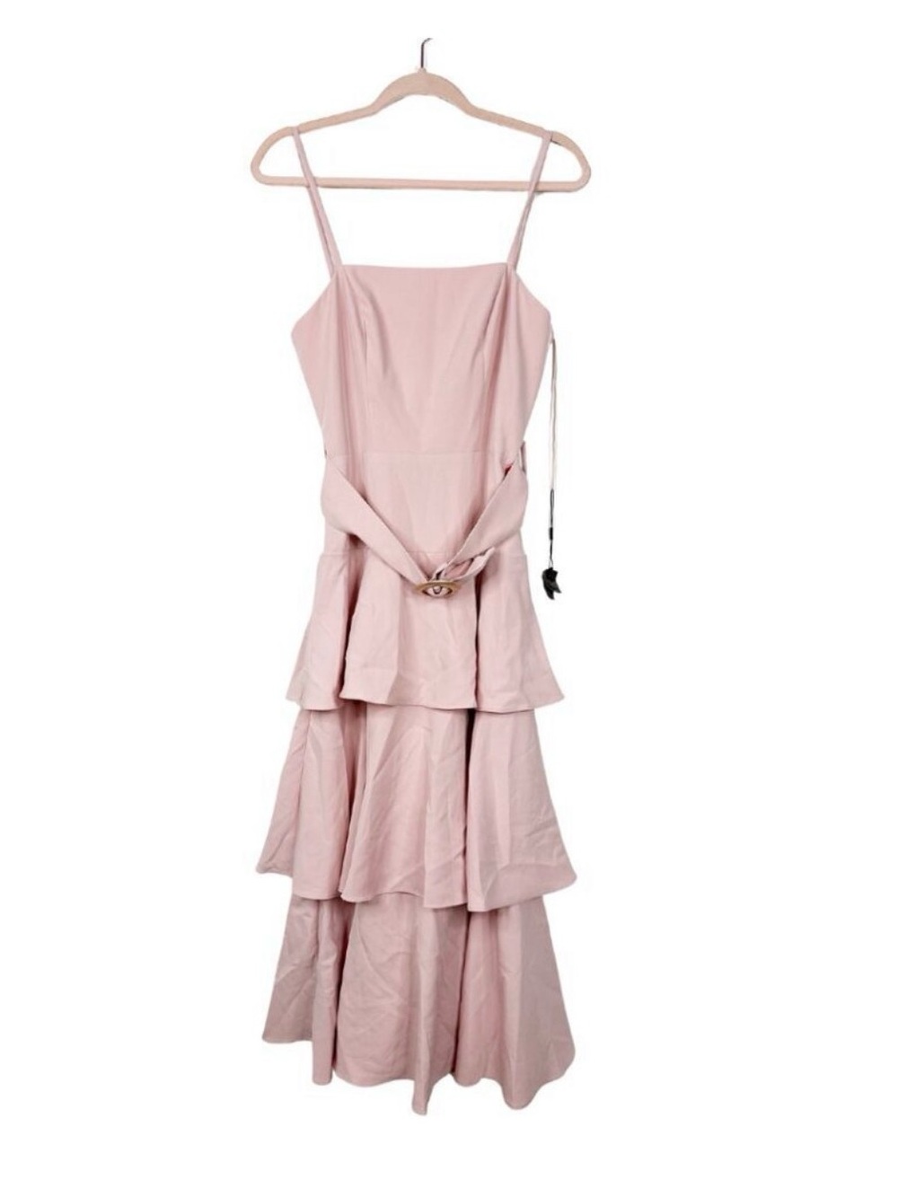 NWT Mac Duggal Belted Tiered Ruffle Sleeveless Midi Dress 4 Rose Pink #8106